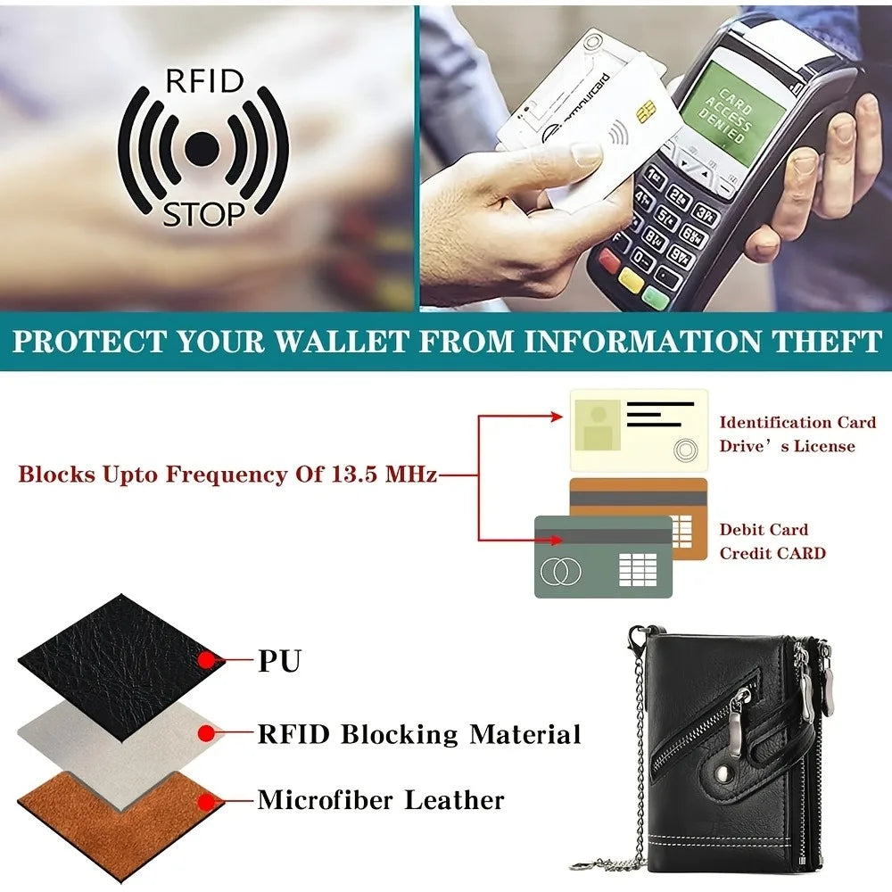 New Men's Chain Wallet RFID Anti-Theft Men's PU Leather Wallet Double Zipper Coin Purse Credit Card Holder for Men and Women