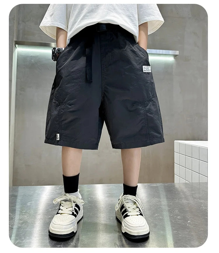 Kids Casual Solid Color Cargo Shorts for Tween Boys Khaki Black Summer Shorts Teenage Child Brief Knee-Length Pants Age 5-14Y