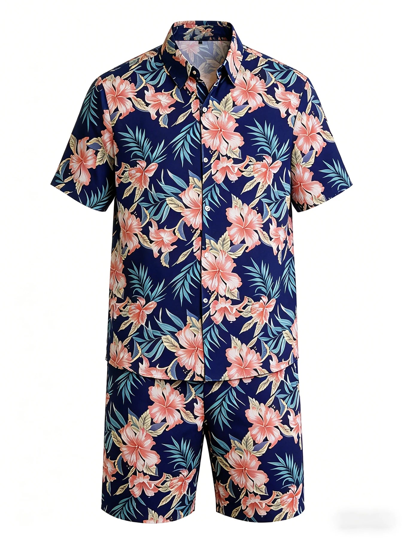 Men Fashion Floral Print Pajama Set Short Sleeve Shirt & Drawstring Elastic Waist Shorts with Pockets Soft Loungewear Nightwear