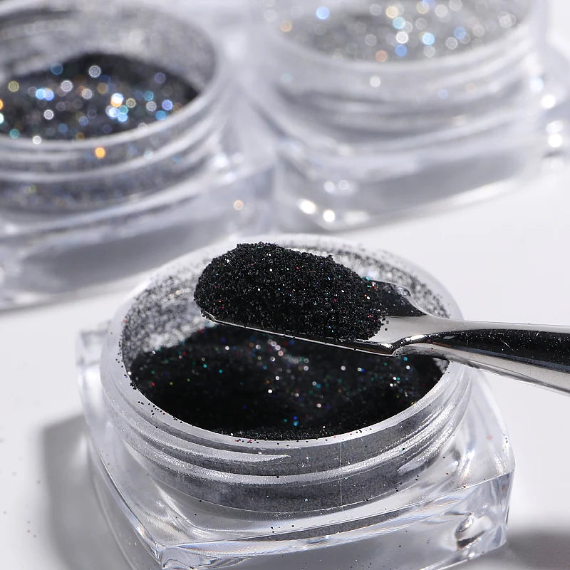 6pcs Nail Polish Glitter Fine Sand Holographic Glitter Powder Black White Reflective Pigment Flakes Powder Manicure Accessories