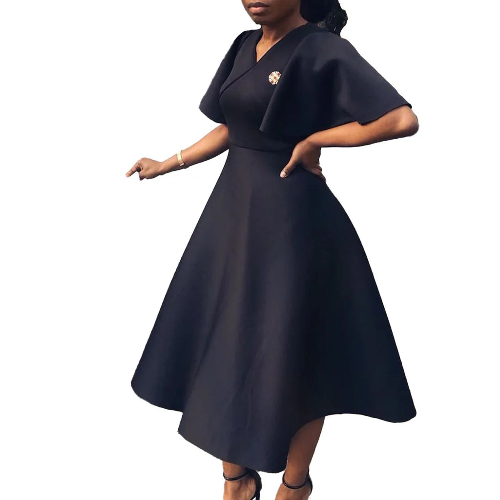 Summer Fashion African Women V-neck Polyester Short Flare Sleeve Red Black Pink Knee-length Dress African Dresses for Women