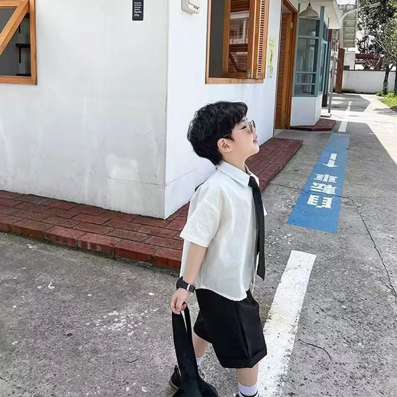 Boys Summer Formal Clothing Set 3PC Gentleman Outfit Short Sleeve Shirt Shorts with Tie for Toddler Kids Party School Daily Wear