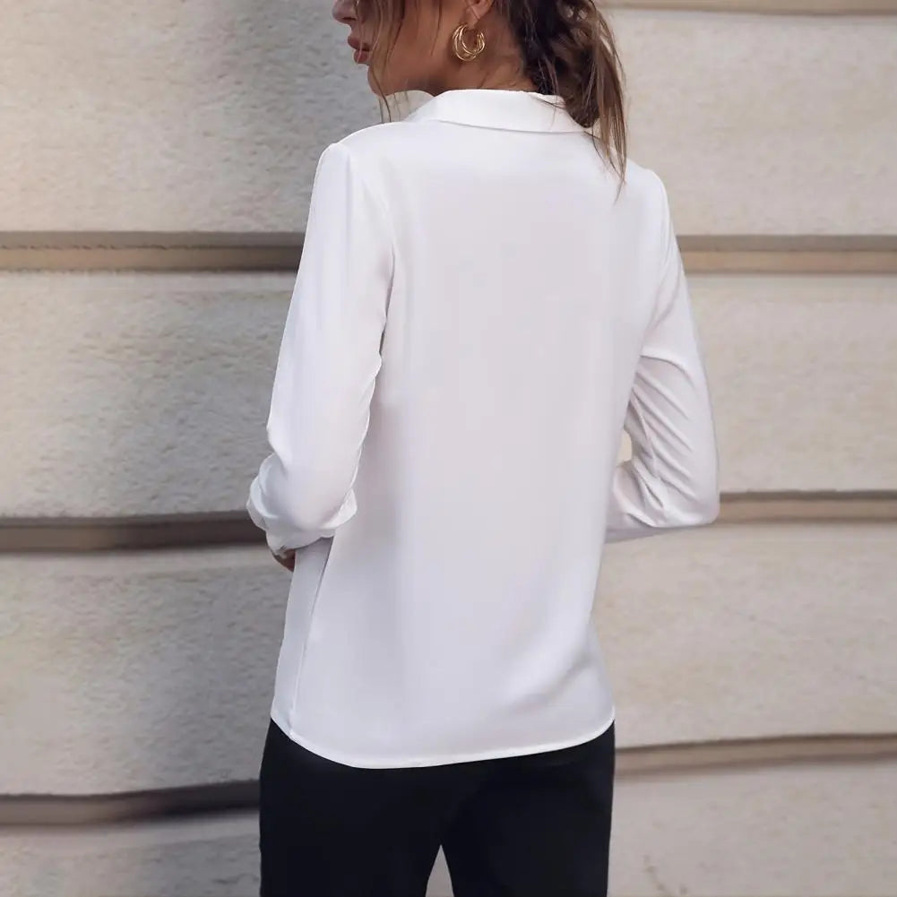 Summer Elegant Women's Blouse New V-neck Long Sleeve Solid Color Loose Shirt Casual White Tops Office Lady Blouses
