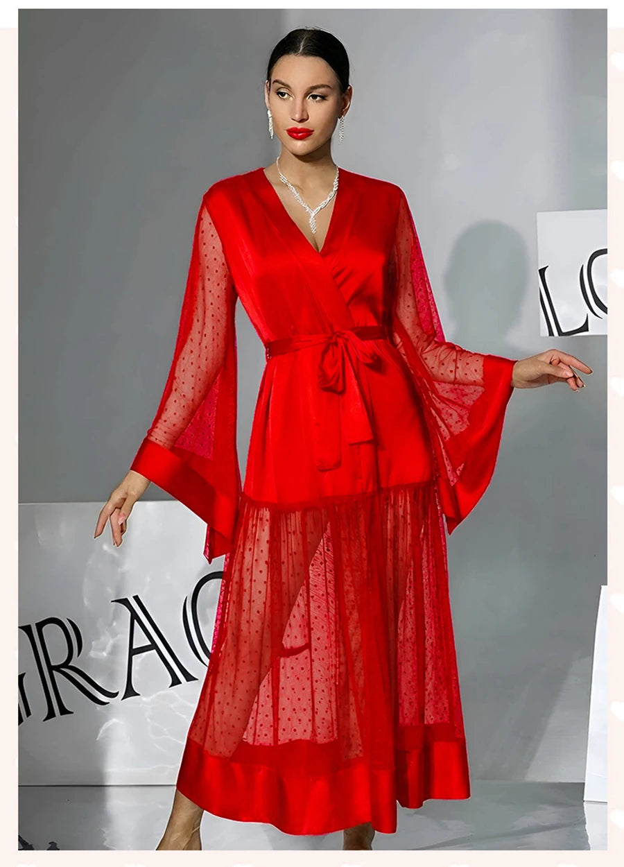 Summer Women Sexy Mesh Maxi Dress V-Neck Belted Polka Dot Sheer Robe Flare Sleeve Party Wedding Nightgown Beach Cover Up Vestido