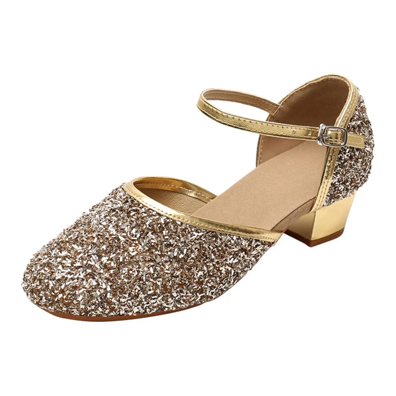 2023 New Summer Girls Party Shoes Princess Sandals Sequined Cloth Leather Glitter Buckle Strap Block Heel Kids Gift Shoes
