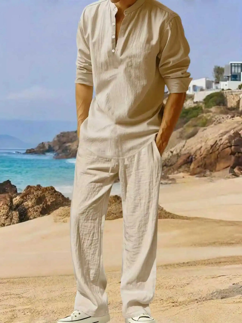 Men's White Linen Suit Set Long Sleeve Henley Shirt and Elastic Waist Pants Two Piece Outfit Summer Casual Comfortable