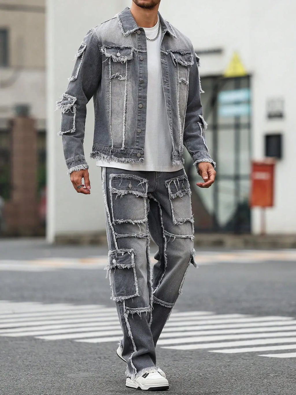 Men's Street Style Casual Distressed Raw-Hem Grey Denim Set, a minimalist and fashionable two-piece ensemble.