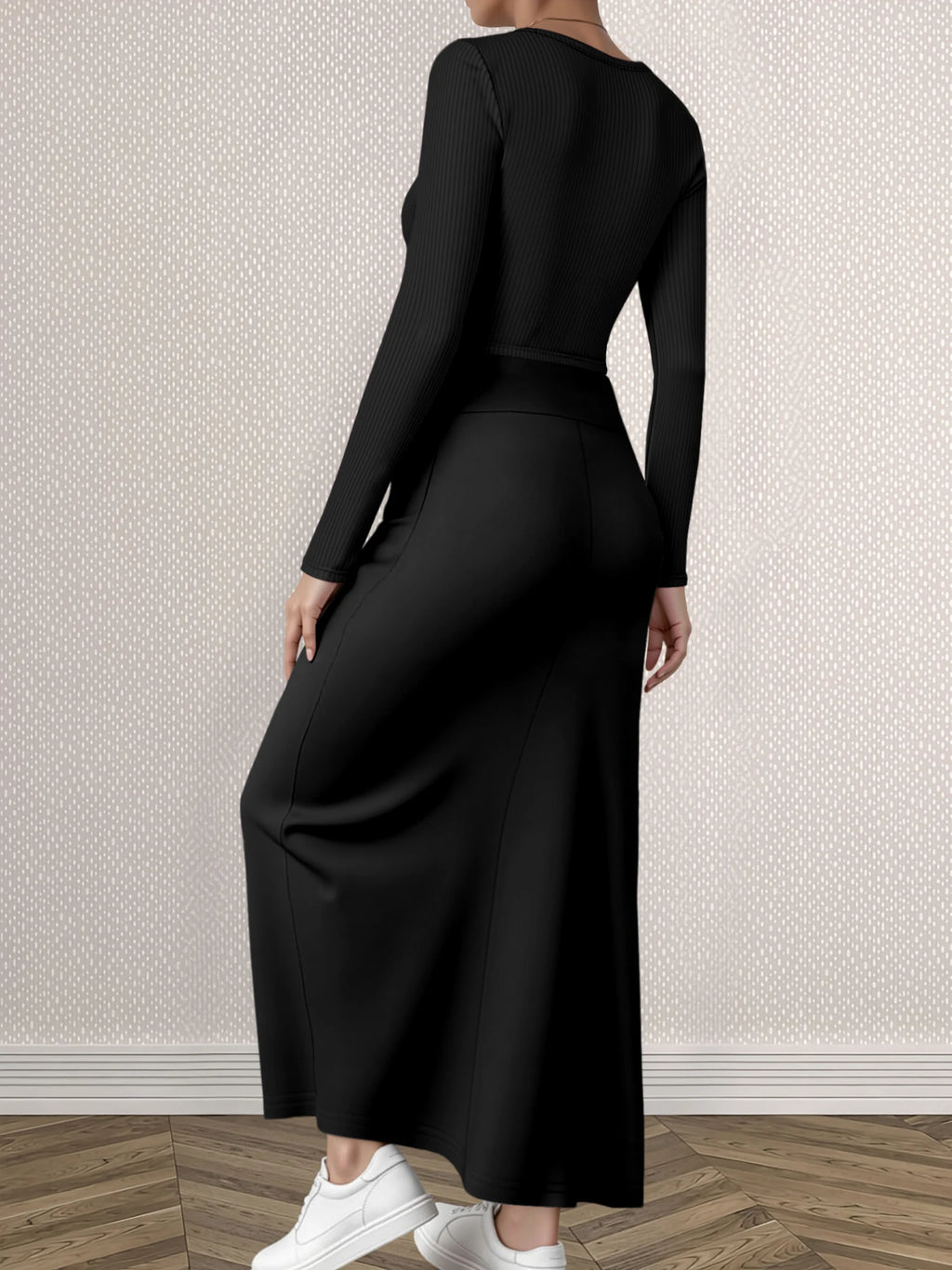 Mature Style Women 2Pcs Outfit, Ribbed Square Neck Crop Top + High Waist Draped A-Line Maxi Skirt