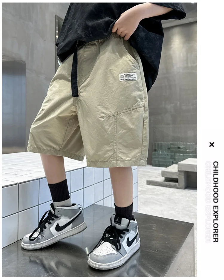 Kids Casual Solid Color Cargo Shorts for Tween Boys Khaki Black Summer Shorts Teenage Child Brief Knee-Length Pants Age 5-14Y