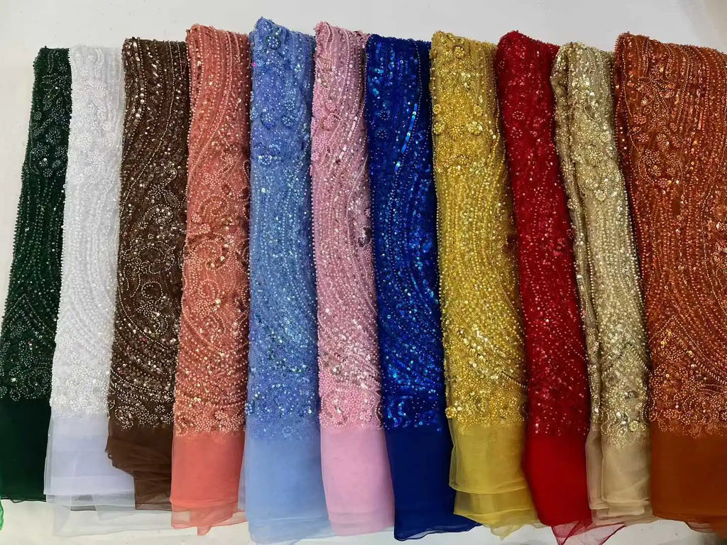African Tulle Lace Fabric 2025 French Sequins Fabric Sewing Embroidery With Beaded Lace Tulle Mesh Nigeria Dress 5 Yards sewing