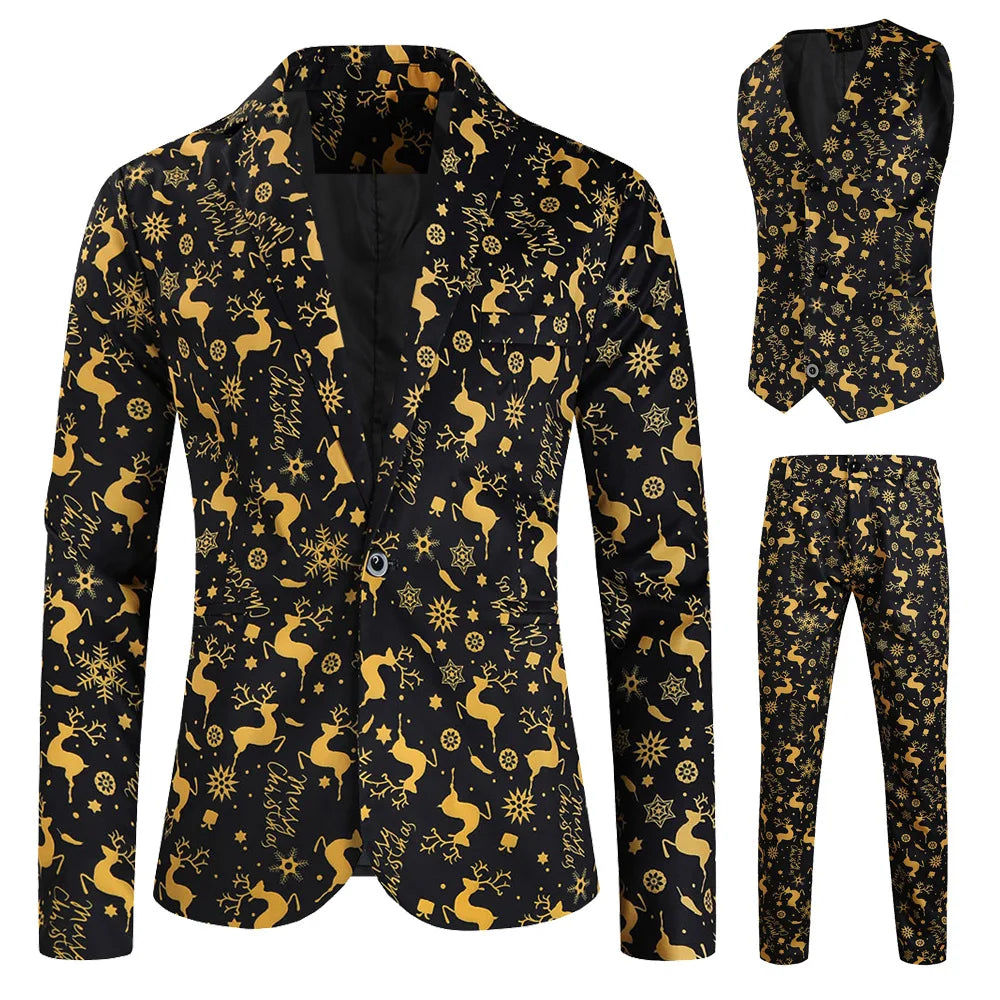 New Men's 3 Piece Christmas Sets Blazers+Vest+Pants 2026 Xmas Printed Men Suit Set Party Stage Dress Up Style Costume Streetwear