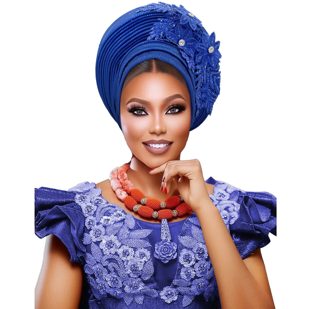Elegant African Autogele Women's Turban Cap Nigeria Wedding Gele Ready to Wear Headtie with Embroidery Lace Party Headwear
