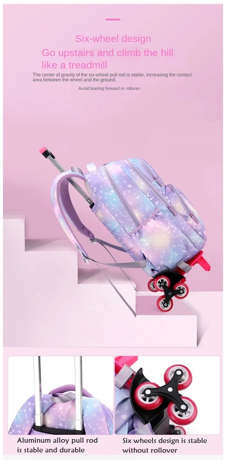 Children School Backpack Set with Wheels Students Bags for Girls Trolley Bag Cute Schoolbag Rolling Wheeled Backpack Child Girl
