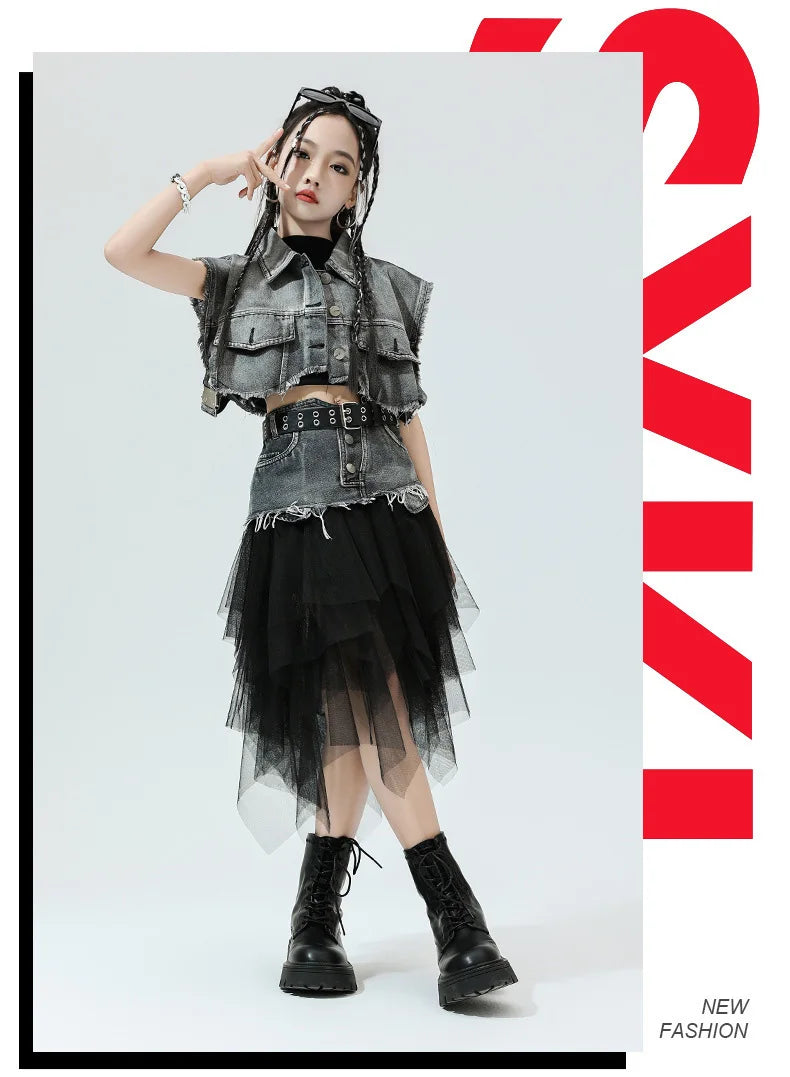 Girls Hip Hop Clothing Denim Sleeveless Jacket Vest Top Street Patchwork Mesh Skirt for Kids Jazz Dance Costume Clothes