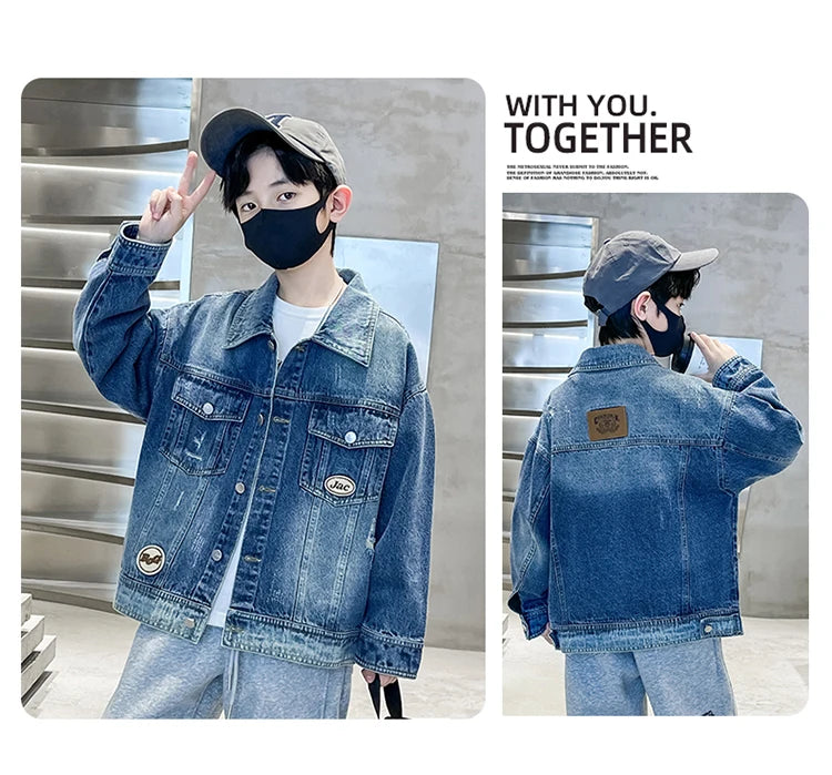 Kids Luxury Clothing Black Blue Denim Jacket for Teenage Boy Spring Autumn Ripped Denim Jacket Coat Child Casual Outfit Age 5-14
