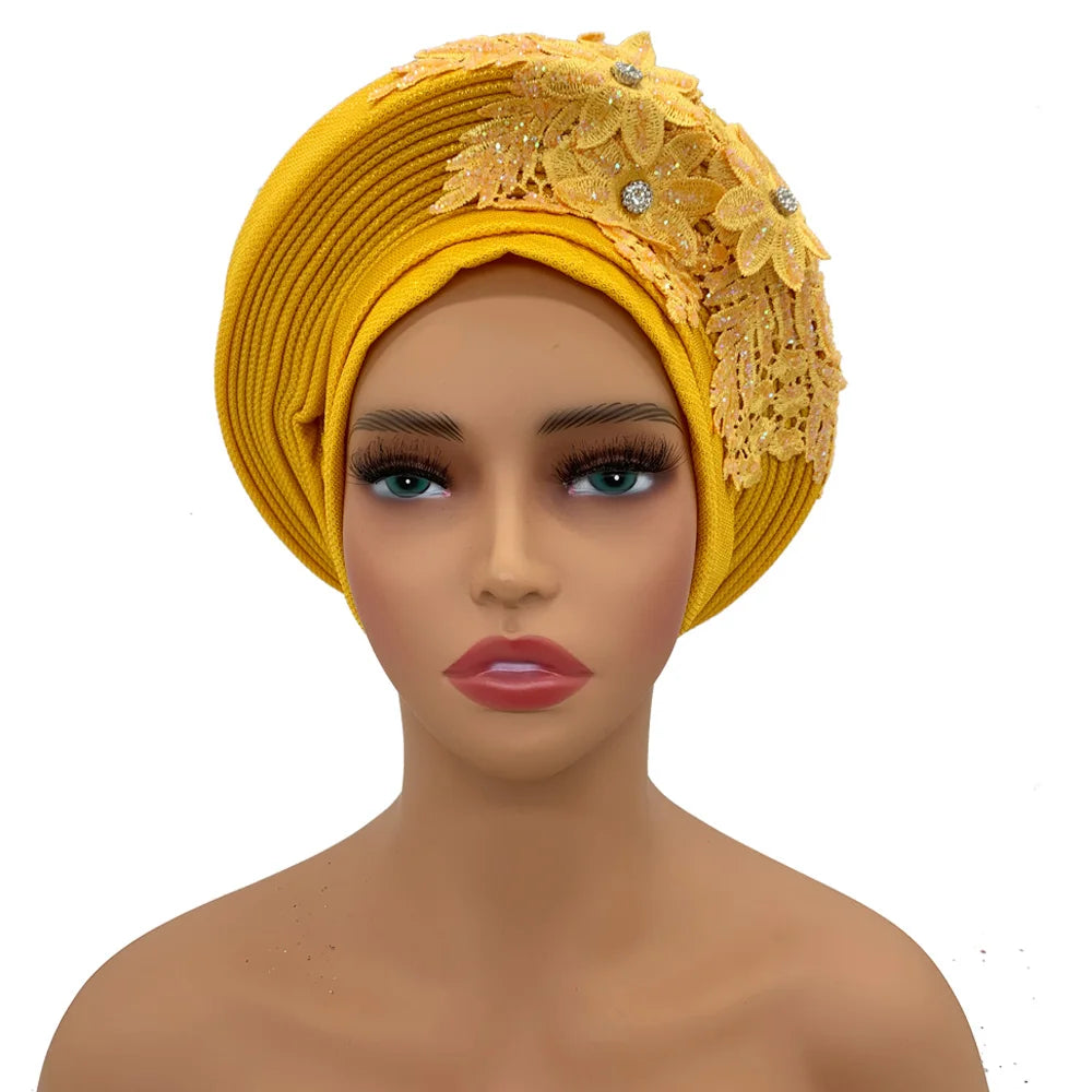 Elegant African Autogele Women's Turban Cap Nigeria Wedding Gele Ready to Wear Headtie with Embroidery Lace Party Headwear