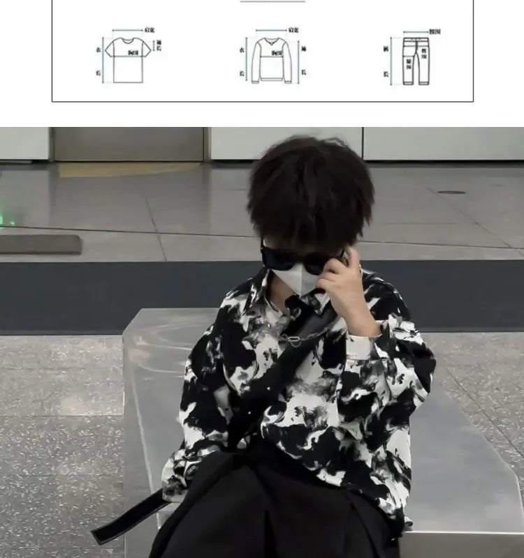 4-14Y Teenage Boy Shirt Outfit Fashion Kids Spring and Autumn Clothing New Korean Ink Painting Shirt and Wide-leg Suit Pants Set