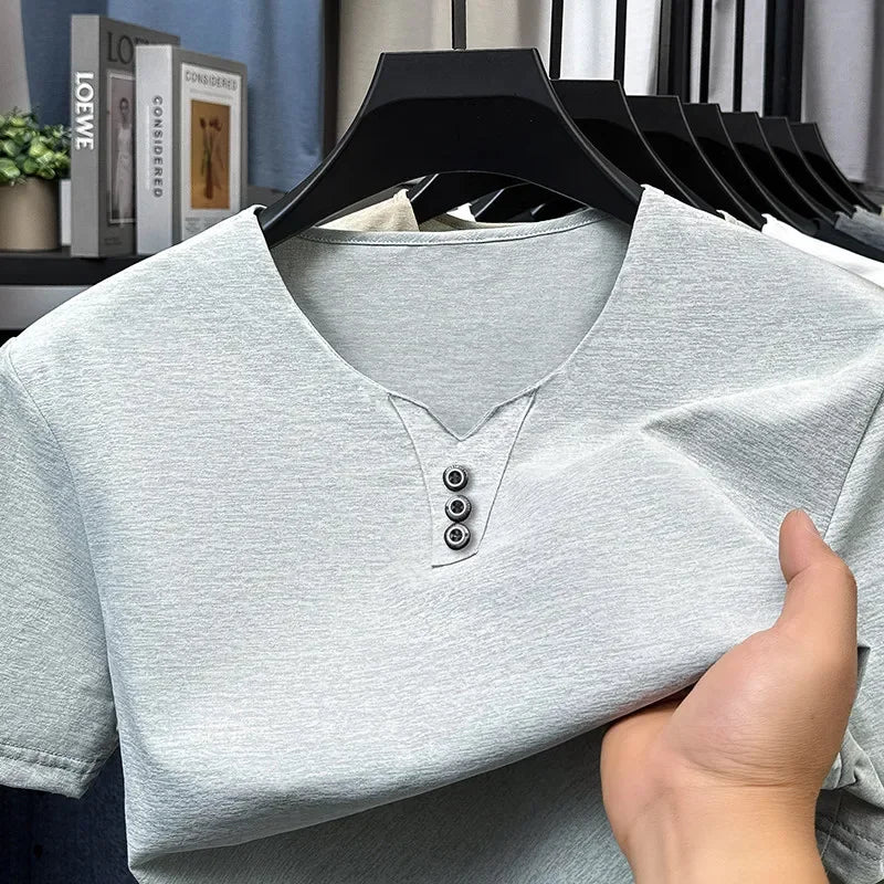 Three Button V-neck T-shirt Men 2026 New Men's Business Casual Short Sleeve Tshirt Korean Style Summer Comfortable Versatile Top
