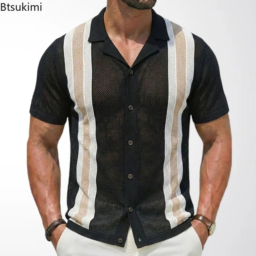 Summer New Knitted Shirts for Men Fashion Cuban Collar Business Casual Social Polo Shirts Knit Cardigans Men Clothing Streetwear