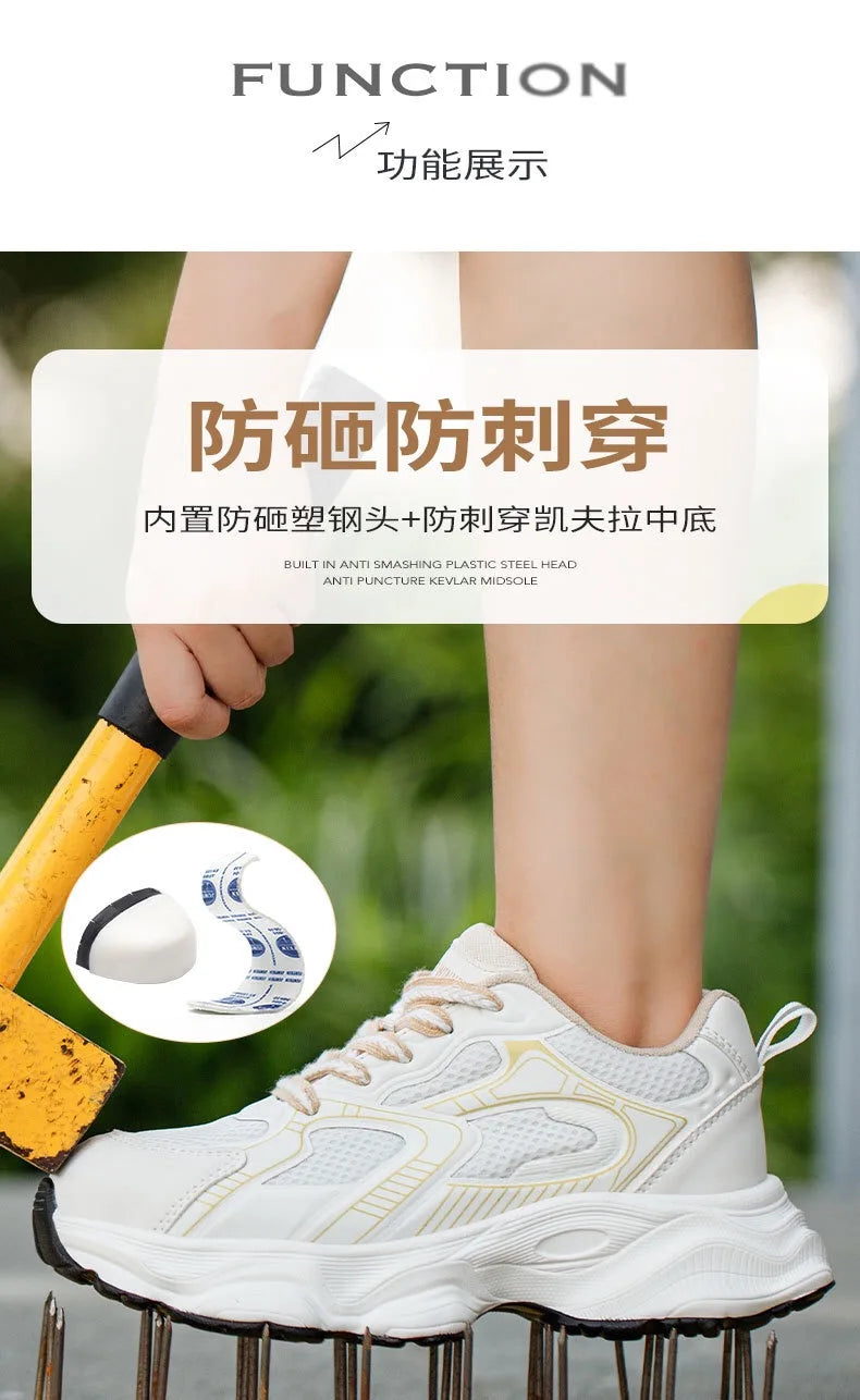 Women's safety shoes with steel toe caps, anti smashing and anti puncture rotating buttons, no tie up, hot selling shoes