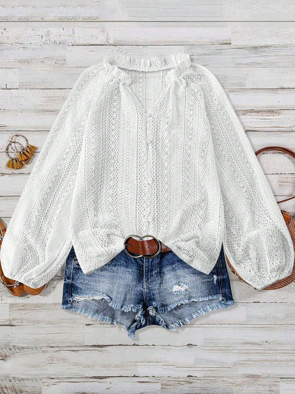 Women's Blouses Spring And Autumn New Loose Fashion Simple All-Match Hollow Lace V-neck Single Breaked Long Sleeve Women Shirts