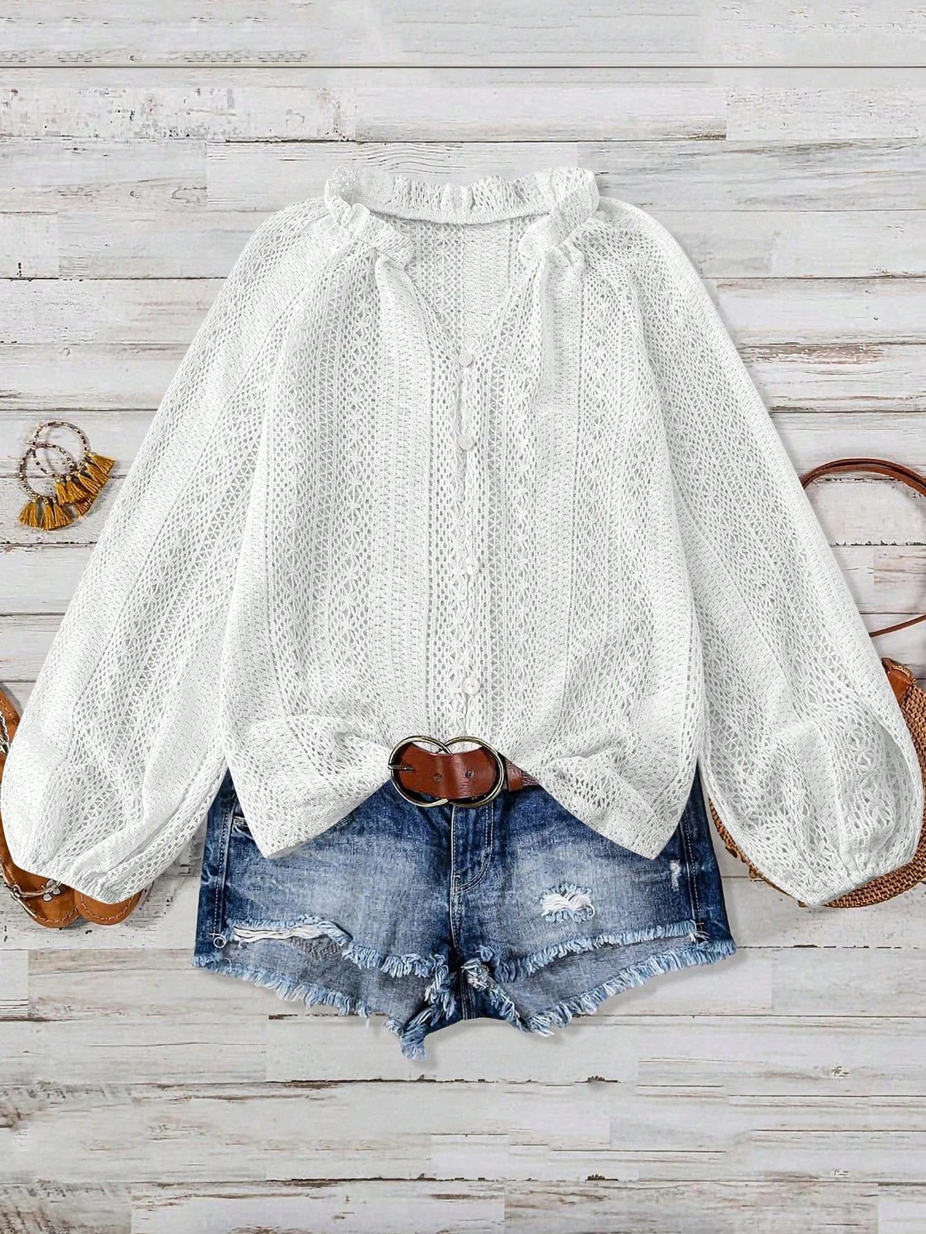 Women's Blouses Spring And Autumn New Loose Fashion Simple All-Match Hollow Lace V-neck Single Breaked Long Sleeve Women Shirts