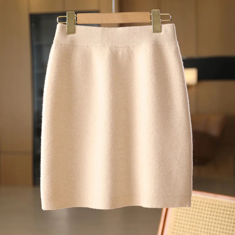 Women Wool Skirts Autumn Winter Office Lady Mini Slim Fit Skirt Elastic Waist 100% Merino Wool Knitted Cashmere Above Knee Dress