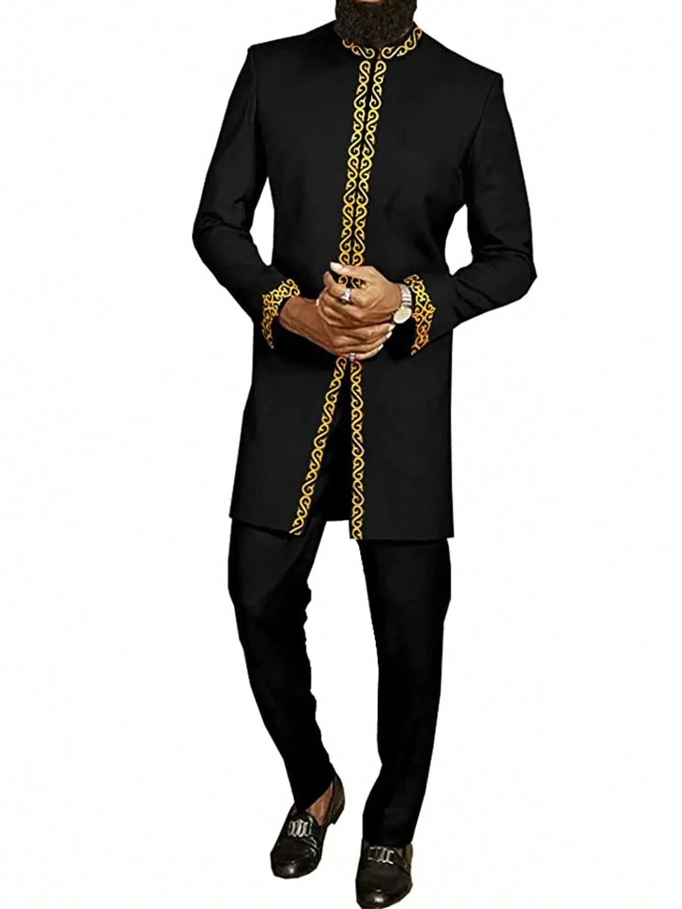 African Traditional Men Suit Printed Shirt Top Elastic Waist Pants White Wedding 2 Piece Set Outfits Ethnic Style Costumes