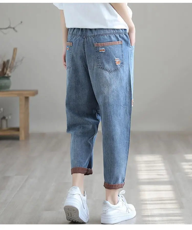 Nine Point ripped Jeans For women Summer 2025 new Loose Thin Elastic waist Casual Harem pants Female denim Ankle Length pants