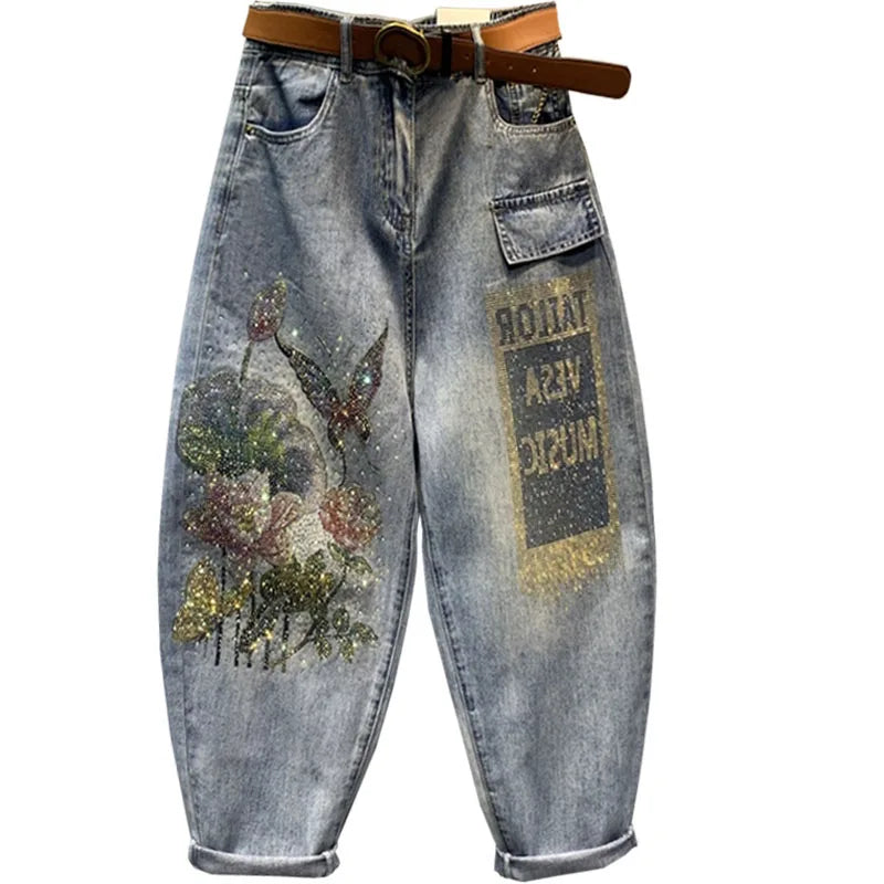 Baggy Jeans Women Printed Rhinestones Jeans Mujer 2023 Spring New Loose Casual Cropped Pants Ankle-Tied Harem Pants Female
