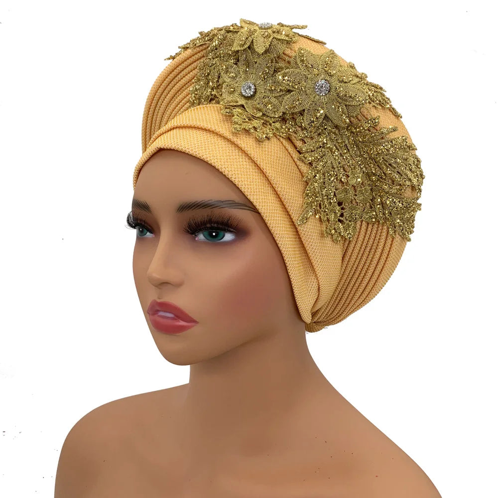 Elegant African Autogele Women's Turban Cap Nigeria Wedding Gele Ready to Wear Headtie with Embroidery Lace Party Headwear