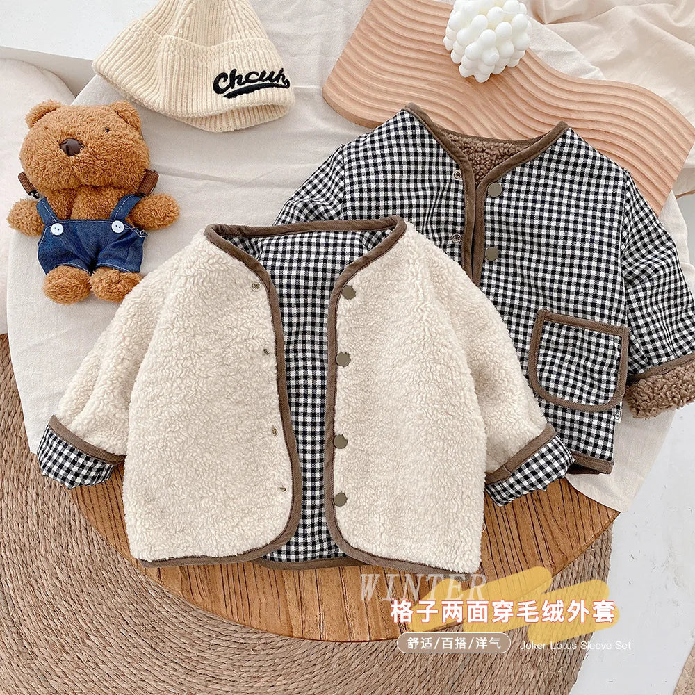 AYNIGIELL 2023 1-6 Years Old Autumn/Winter Children's Jacket Double-Sided Wear Plaid Plush Jacket Kids Jacket