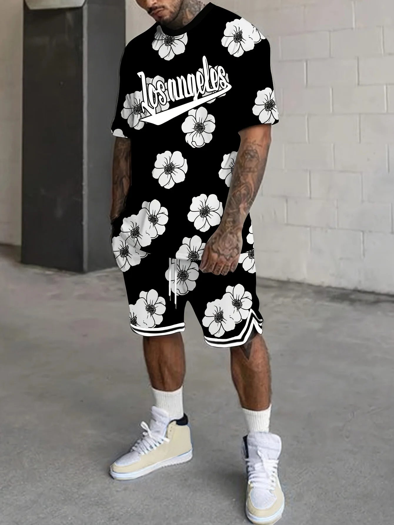 Summer 2025 new men's wear set 3D printed flower outdoor casual fashion set