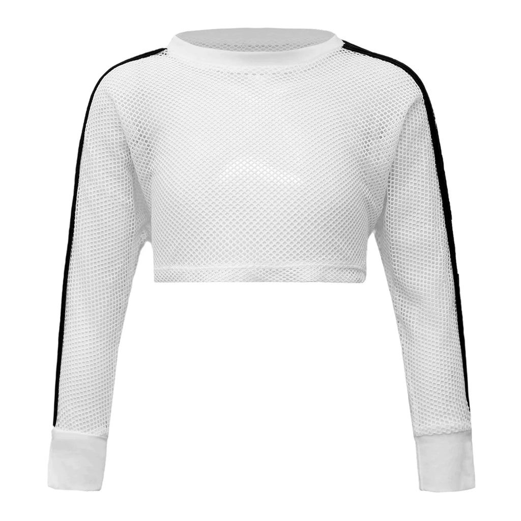 Kids Girls Fishnet T-shirt Hip Hop Street Dance Tops Long Sleeve Round Neck Hollow Out Mesh Crop Top for Workout Gym Sportswear
