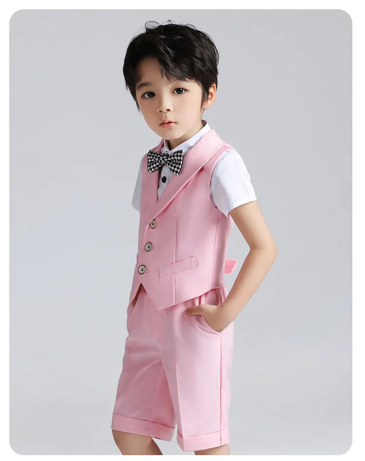 Boys Summer Vest Shirt Shorts Formal Dress Kids Candy Color Waistcoat Wedding Clothes Sets Child Uniforms Toddler Tuxedo Costume