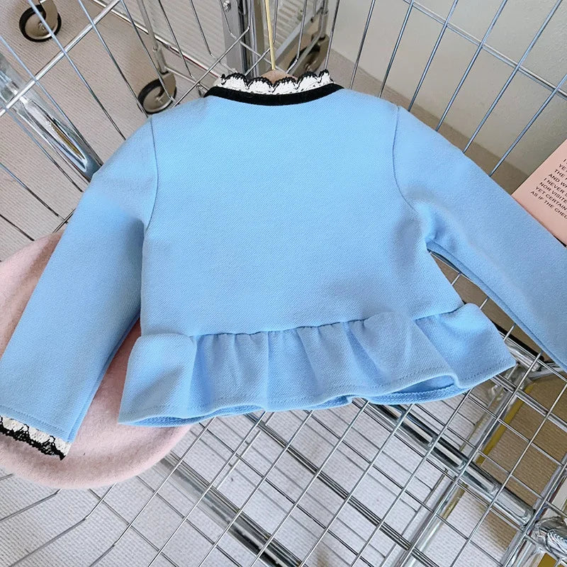 Girls Set 2024 Spring Autumn Girls Treasure Bow Two Piece Set Baby Coat Pants Blue Two Piece Set