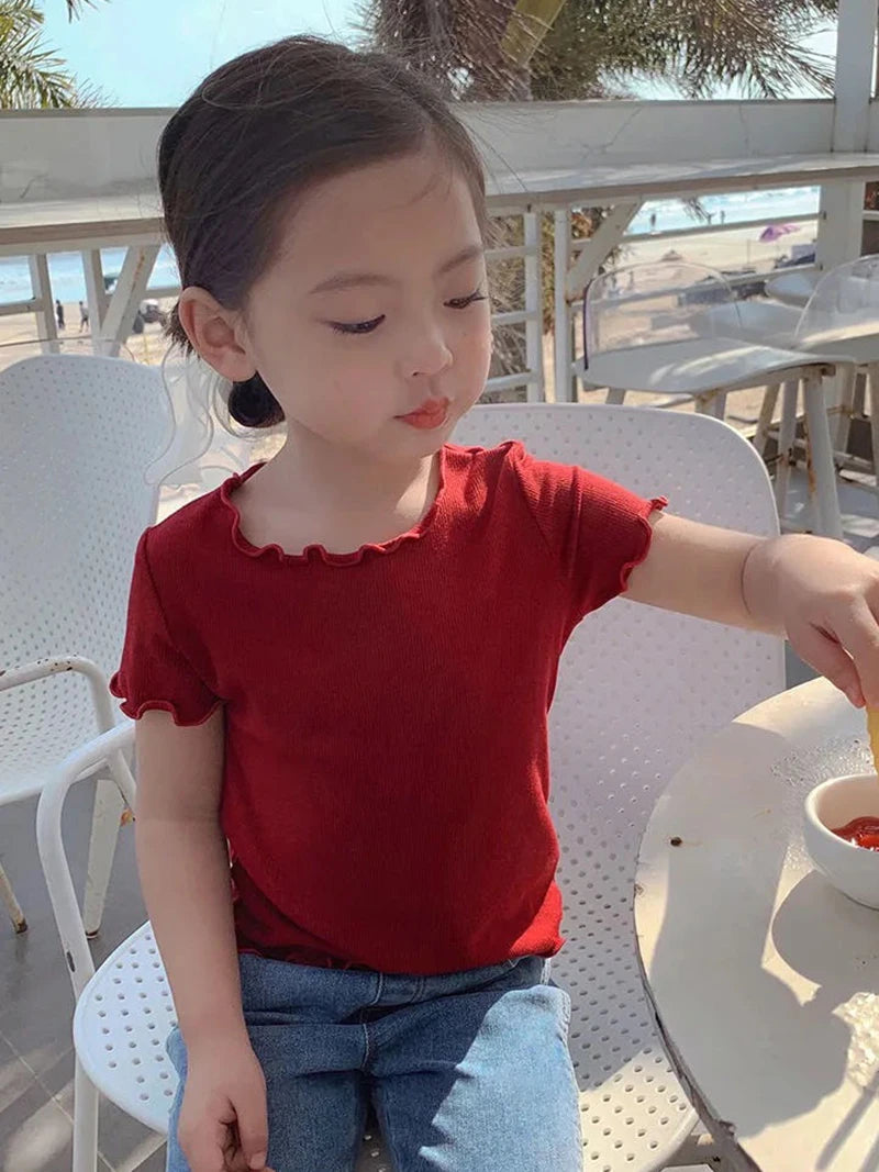 Baby Girls T-Shirt Summer Kids Short Sleeve Tops Tees Soft Ice Silk Fabric Toddler Solid Color Shirts Children's Clothing 1-10Y