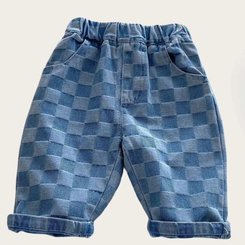 0-5 Y Little Kids Girls Boys Pants Korean Children's Clothes 2026 Cotton Checkered Soft Denim Jeans Stylish Comfortable Trousers