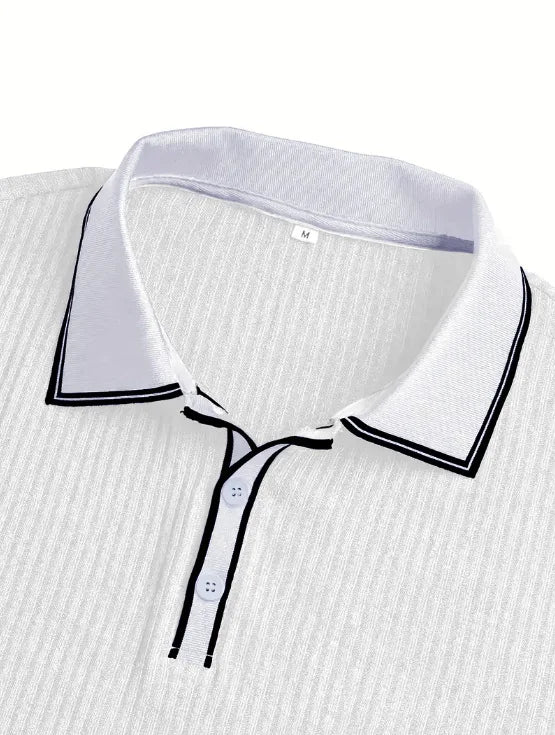 Men Ribbed Knit Polo Shirt Short Sleeve Turn Down Collar Contrast Trim Button Placket Slim Fit Casual Top