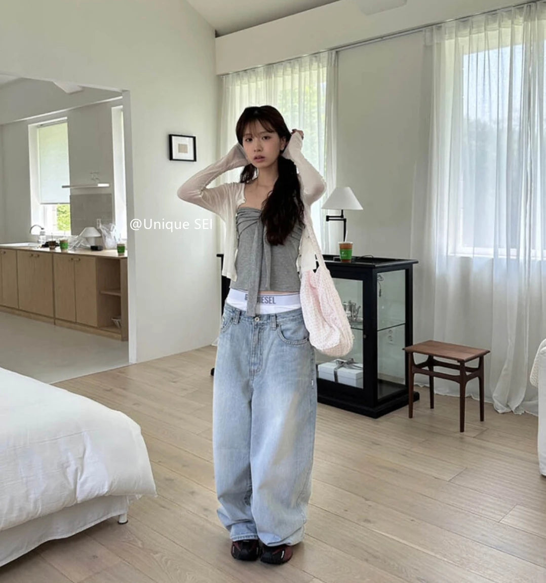 Summer Spicy Girl  Knot Tie Neck Vest Top Washed Denim Blue Women's Fashion Straight Cut Outerwear Short Length