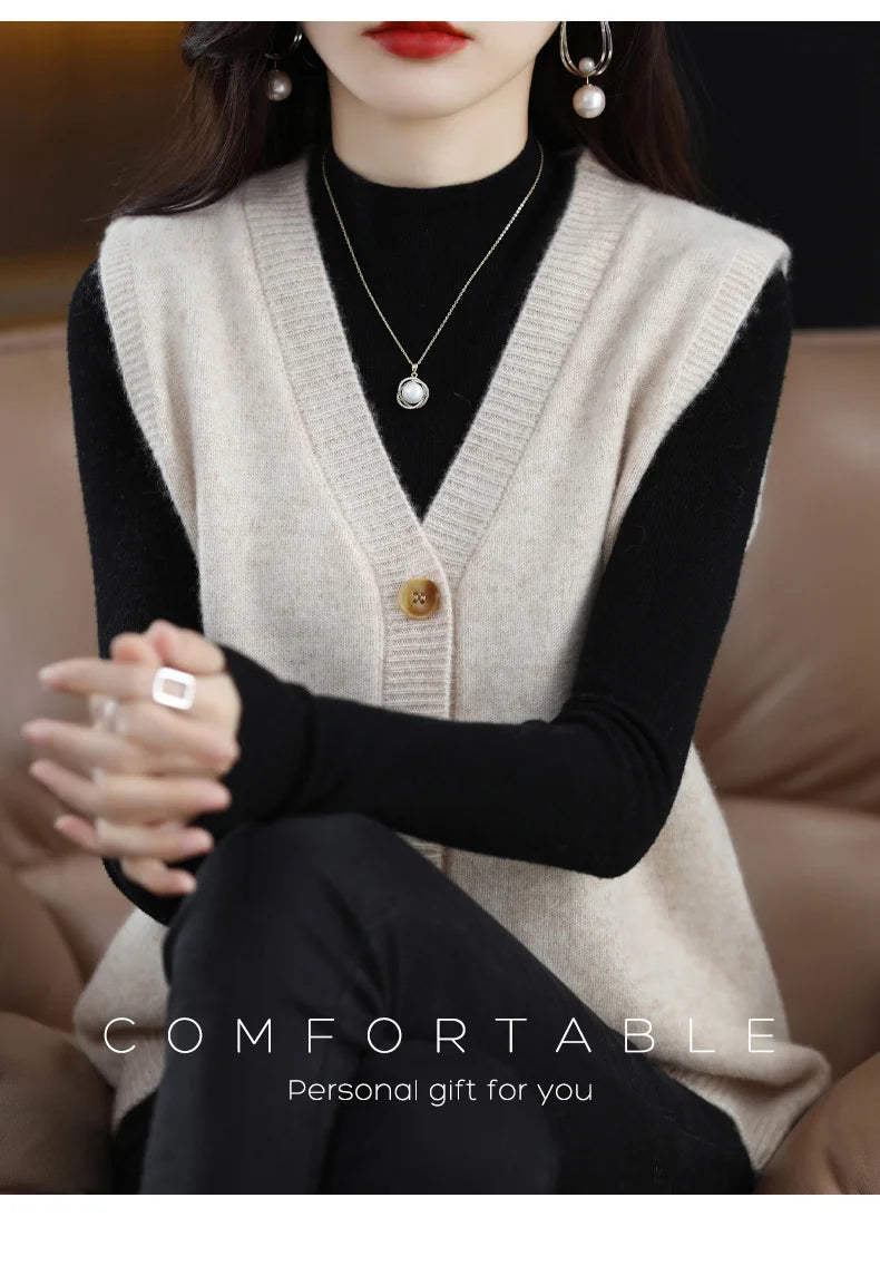 Girls Wear New Women's Loose High-End Waistcoat Knit Vest Wool V-Neck Solid Color Button Sleeveless Fashion Coat Cardigan Trend