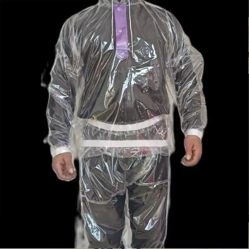 2-piece Men Women Set See Through Plastic Hooded T-shirt Pants Rainproof Long Sleeve Hoodie Trouser Waterproof Costumes