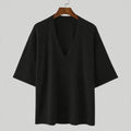 Summer Half Sleeve Knit T-Shirts Men Elastic Loose Tops Fashion V-Neck Casual Tees Male Knitting Pull On T Shirt Streetwear Man