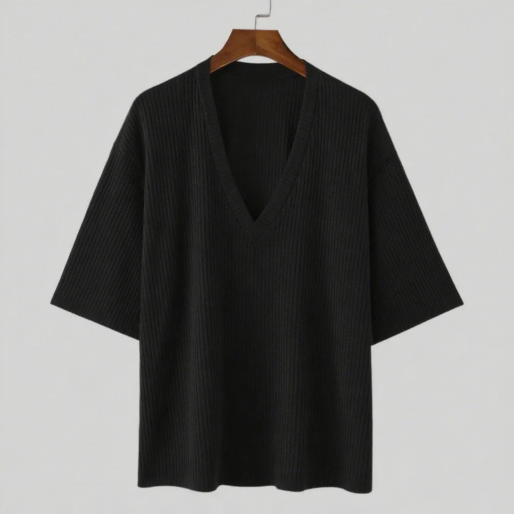 Summer Half Sleeve Knit T-Shirts Men Elastic Loose Tops Fashion V-Neck Casual Tees Male Knitting Pull On T Shirt Streetwear Man