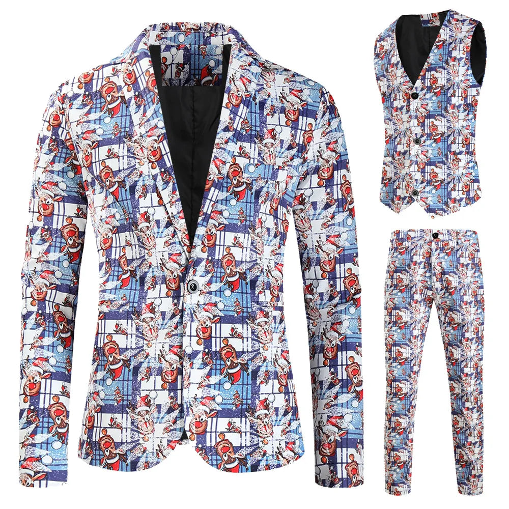 New Men's 3 Piece Christmas Sets Blazers+Vest+Pants 2026 Xmas Printed Men Suit Set Party Stage Dress Up Style Costume Streetwear
