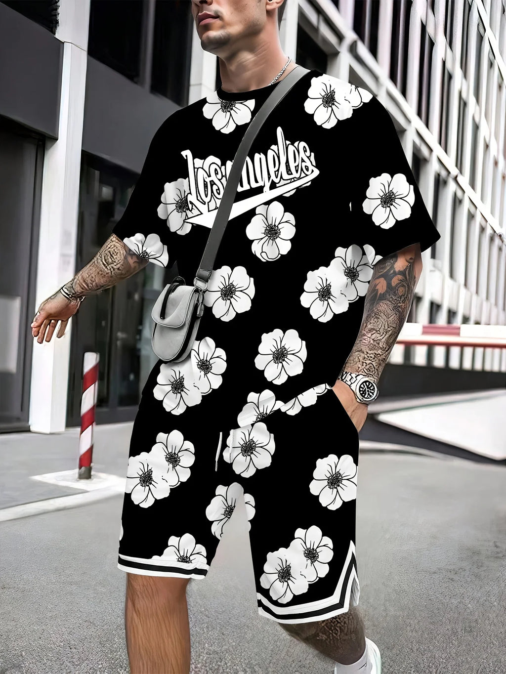 Summer 2025 new men's wear set 3D printed flower outdoor casual fashion set