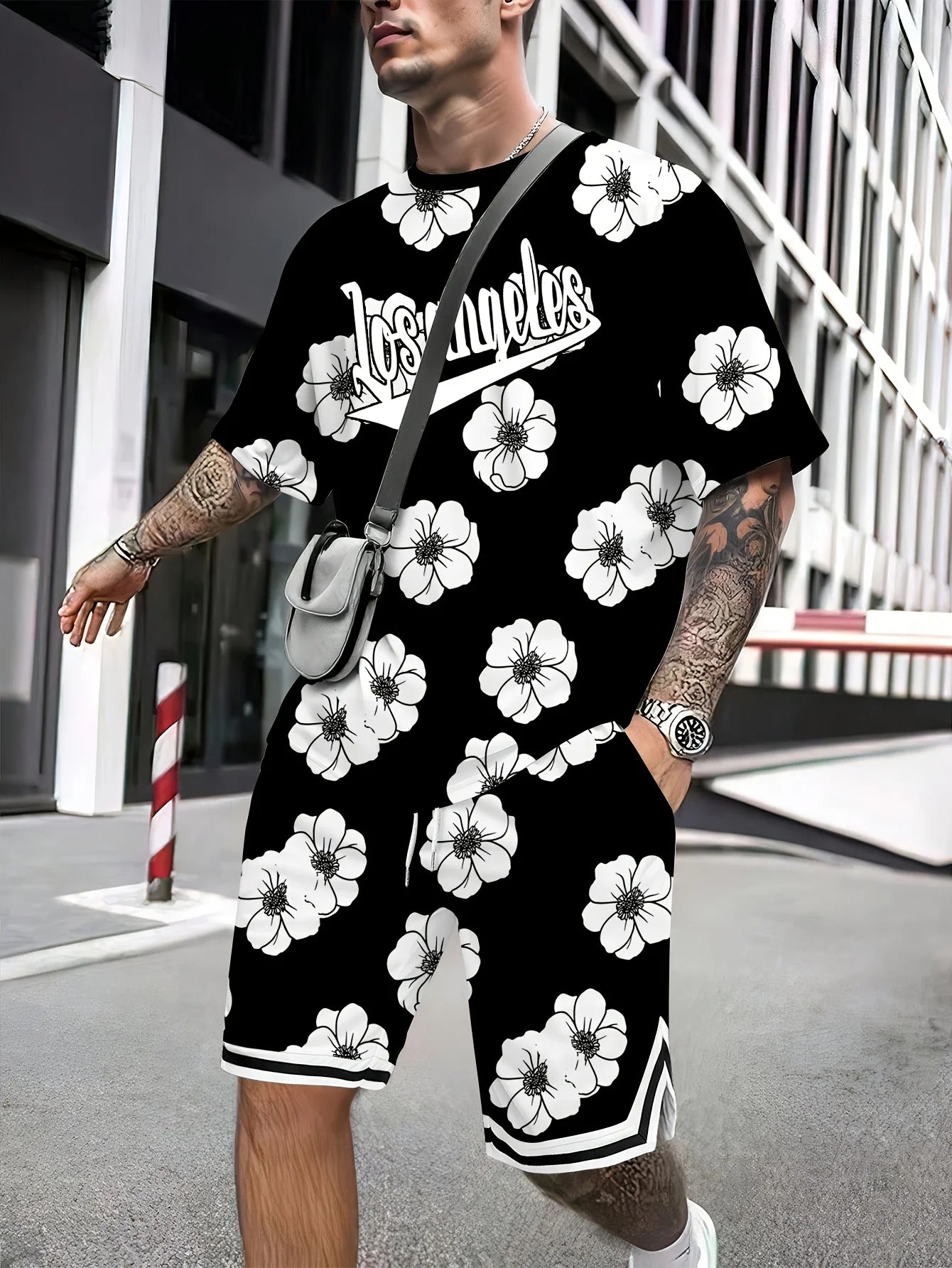 Summer 2025 new men's wear set 3D printed flower outdoor casual fashion set