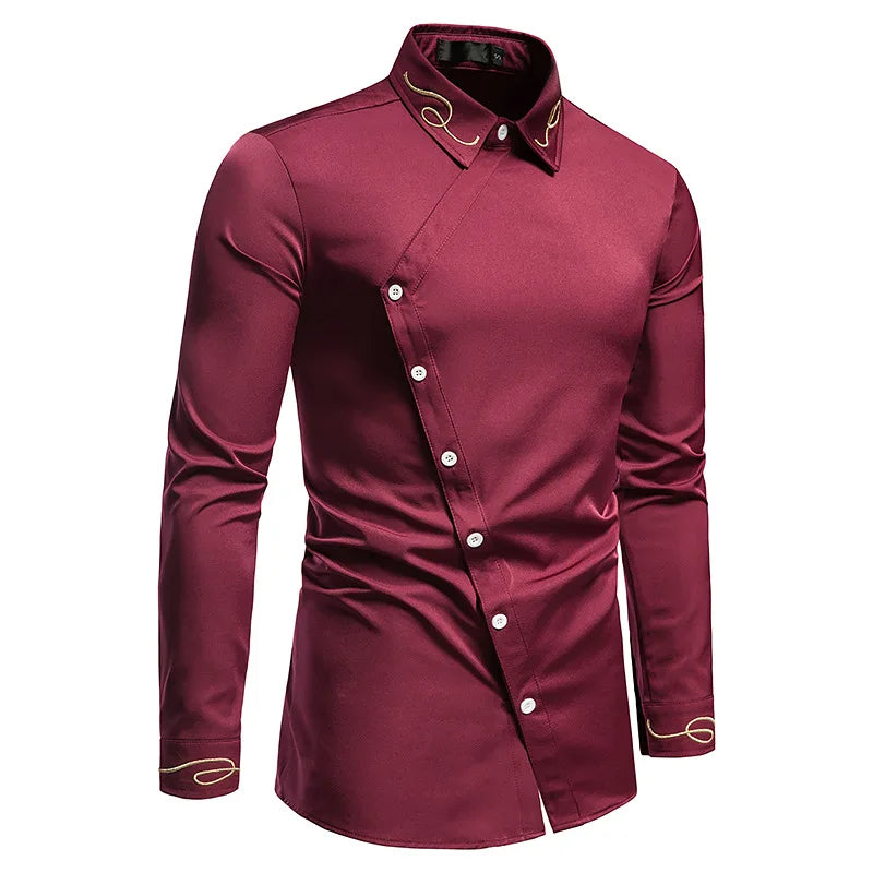 Men's Irregular Oblique Button Up Dress Shirts Streetwear Luxury Elegant Embroidery Business Shirt Chemise Homme Mens Blouses
