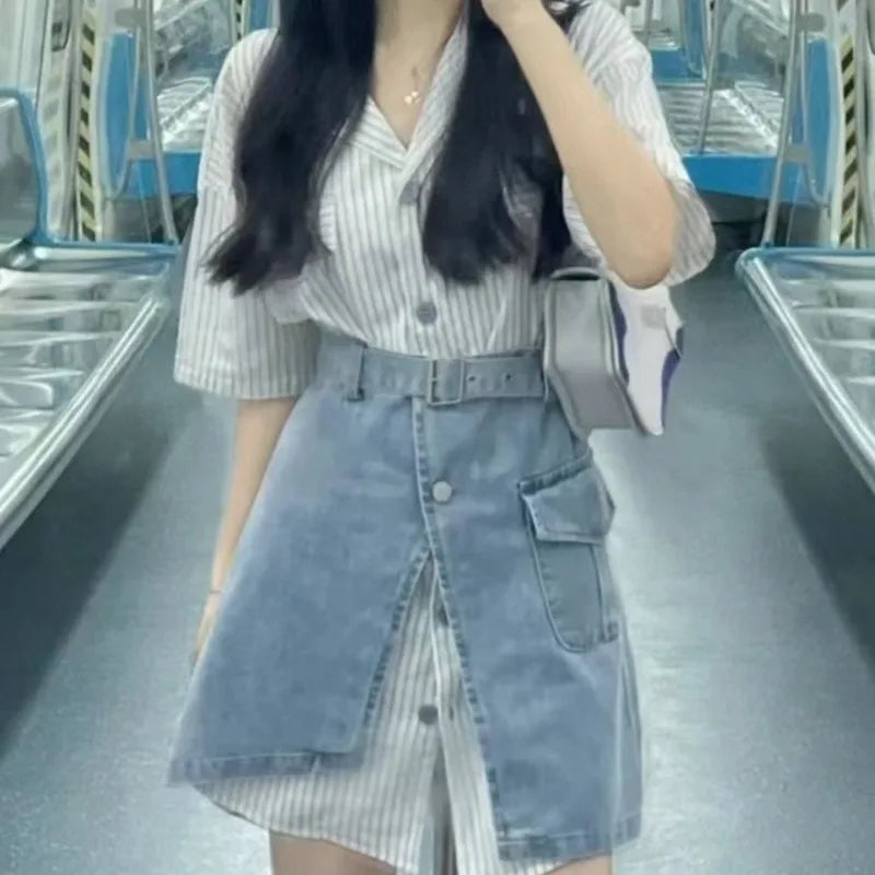 Short Sleeve Mature Skirt Women's Two Piece Set Slit Denim Y2k Clothes Formal Event New in The Same Stylish Full Female Outfits