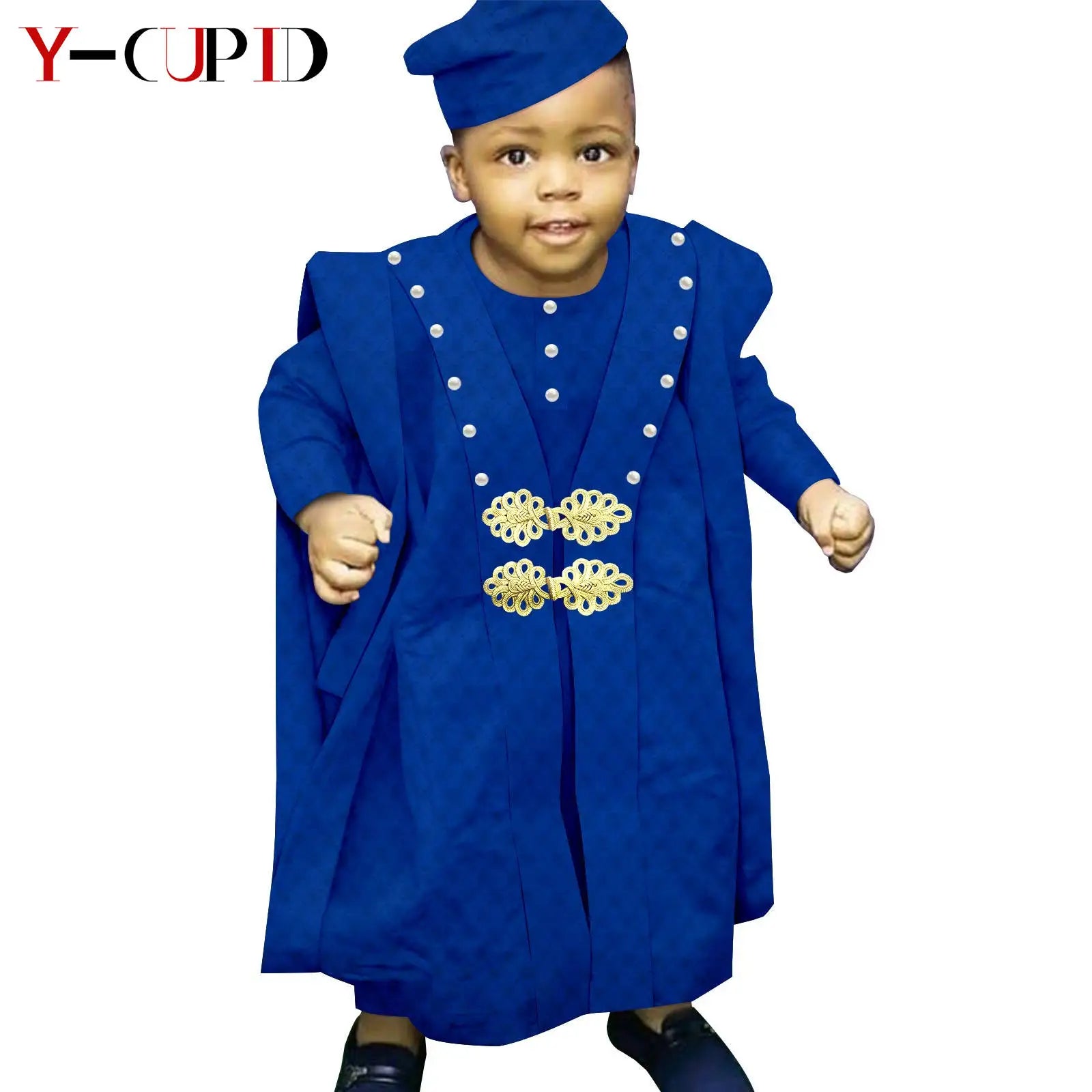 African Boy Outfit Bazin Riche Muslim Jacquard 4 Pieces Sets Tee Pant Robes and Cap Kids Children Suits Agbada Outwear Y234017